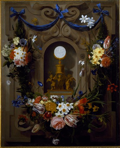 Bir çiçek çelengi içinde Eucharist (tuval üzerine yağlı boya by Johannes Antonius van der Baren