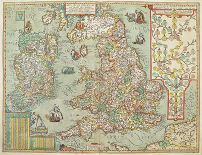1606 yılında çizilmiş İngiltere ve İrlanda haritası (renkli gravür) by Johannes Baptista Vrints