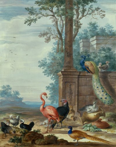Tavus kuşu, sülün, flamingo ve diğer kümes hayvanları (guaj) ile İtalyan Manzarası by Johannes Bronckhorst