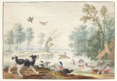 Göl kenarında bir köpek ve ördekler by Johannes Bronckhorst