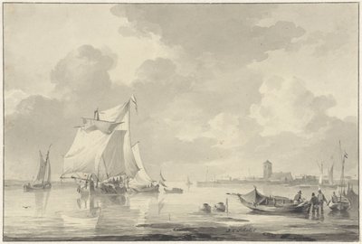Bazı gemilerle nehir manzarası, arka planda uzaktaki bir şehir by Johannes Christiaan Schotel