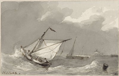 İleride bir köy olan dalgalı bir denizde balıkçı teknesi by Johannes Christiaan Schotel