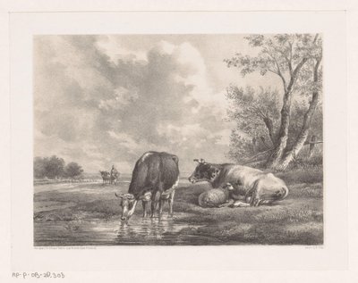 Su kenarında iki inek ve koyun by Johannes Christiaan d