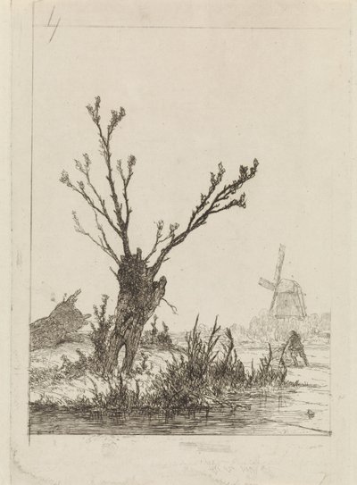 Pollard söğütünün yanında kızağı olan patenci by Johannes Franciscus Hoppenbrouwers