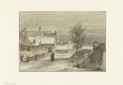 Buz üzerinde duran kadın ile kış manzarası by Johannes Franciscus Hoppenbrouwers