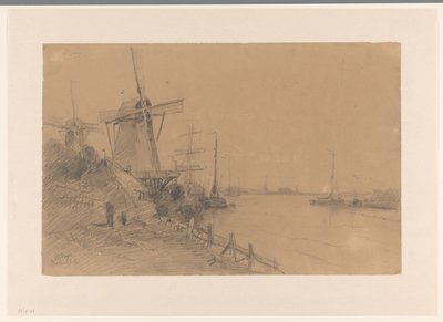 Gemilerle nehir boyunca Dordrecht yakınlarındaki yel değirmenleri by Johannes Gijsbert Vogel