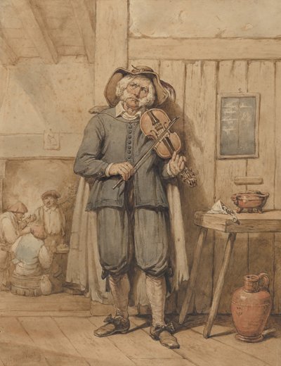 Arka Planda Üç Adam ile Bir Tavernada Bir Kemancı, 19. yüzyılın ortalarında. by Johannes Hendrik van West