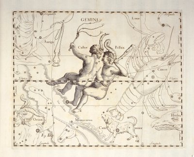 İkizler'in İkizler takımyıldızı, göksel atlas Firmamentum Sobiescianum sive Uronographia'dan gravür, Johann Hevelius (1611-1687), Gdansk by Johannes Hevelius