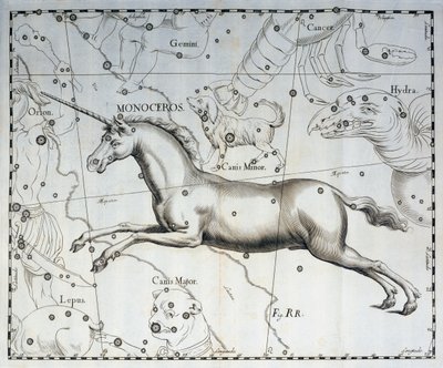 Tekboynuz, Tek Boynuzlu At takımyıldızı, göksel atlas Firmamentum Sobiescianum sive Uronographia'dan gravür, Johann Hevelius (1611-1687), Gdansk by Johannes Hevelius
