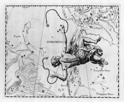 Takımyıldızı Andromede. Johannes Hevelius veya Hevel (1611-1687) tarafından “” Firmamentum Sobiescanum sive Uranographia”dan çizilmiş plaka by Johannes Hevelius