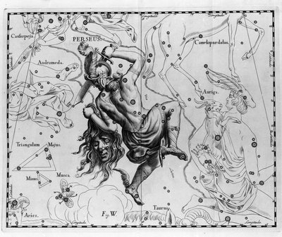Takımyıldız Persee. Johannes Hevelius veya Hevel (1611-1687) tarafından “” Firmamentum Sobiescanum sive Uranographia”dan çizilmiş plaka by Johannes Hevelius