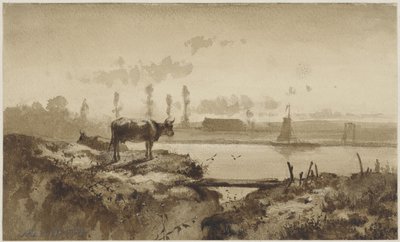 İnek ile nehir manzarası by Johannes Hubertus Leonardus de Haas