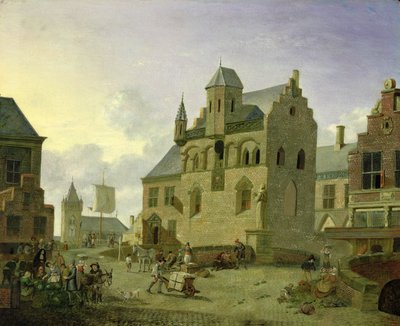 Bir pazar yerinde ticaret yapan figürler ve köylüler ile şehir meydanı (panel) by Johannes Huibert Prins