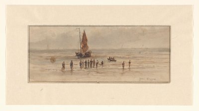 Balıkçılar ve yelkenli gemi ile plaj sahnesi by Johannes Huygens (signed by artist)