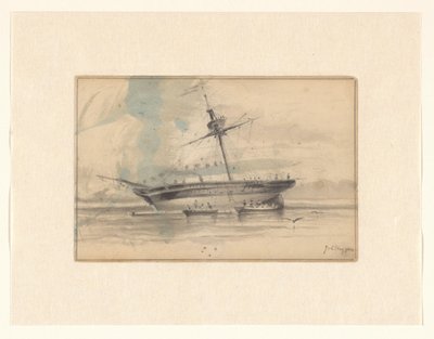 İki kürekli tekne ile yelkenli gemi by Johannes Huygens (signed by artist)