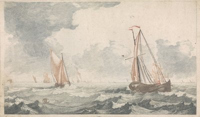 Birbirine doğru yelken açan iki düz tabanlı tekne Denizde Gemiler (seri A) (seri başlığı) by Johannes Jacobsz van den Aveele