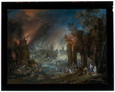 Lût ve Kızları ile Arka Planda Yanan Sodomun Bulunduğu Manzara by Johannes Jakob Hartmann