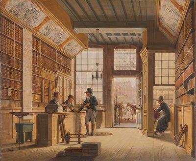 Der Laden des Buchhändlers Pieter Meijer Warnars am Vijgendam Amsterdam