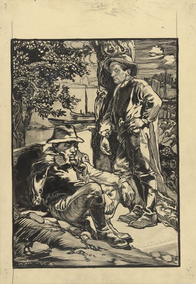 İki bent işçisi, biri oturuyor, diğeri bir ağaca yaslanıyor by Johannes Josephus Aarts