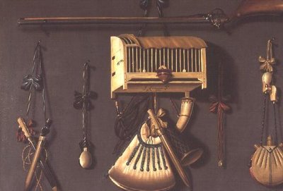 Bir Silah, Barut Boynuzu, Kafesteki Kuş ve Av Ekipmanlarından Natürmort by Johannes Leemans