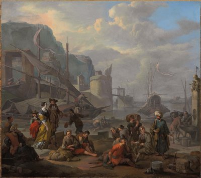Zarif bir çift ve rıhtım kenarında dinlenen gezginlerin olduğu bir Akdeniz limanı by Johannes Lingelbach