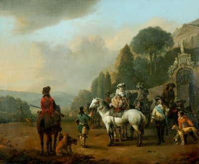 Bir Şatonun Kapılarının Dışında Bir Falconers Partisi (tuval üzerine yağlıboya) by Johannes Lingelbach