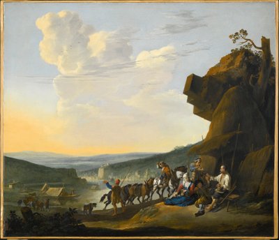 Almanca: Südliche Landschaft mit Fähre Koy manzaralı güney manzarası, dinlenen yolcular by Johannes Lingelbach