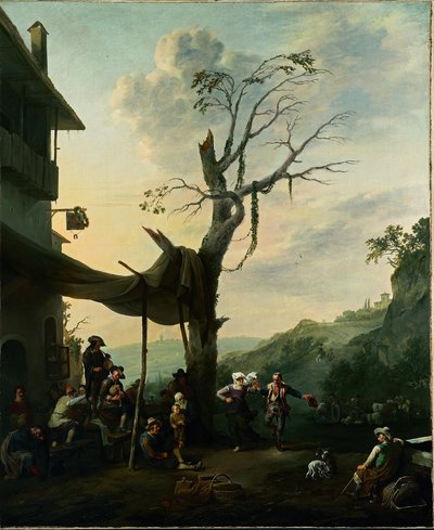 Bir hanın önünde dans eden ve müzik çalan köylülerle dağlık manzara by Johannes Lingelbach