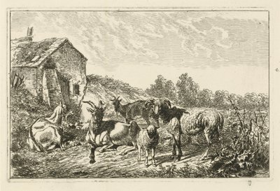 Bir evin yanında dört keçi ve bir koyun by Johannes Mock