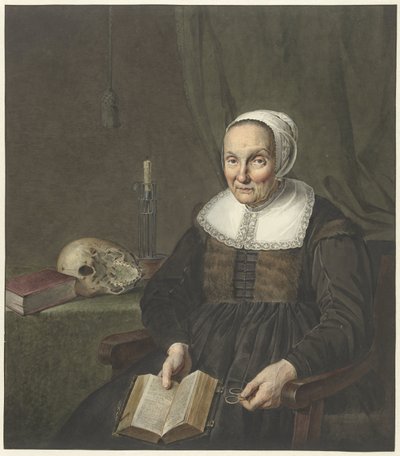 Açık bir kitapla oturmuş yaşlı bir kadının portresi by Johannes Pieter de Frey