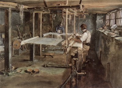 Appenzell dokumacı çift, 1830 civarında el tezgahında iş başında by Johannes Schiess