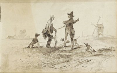 Yel değirmeni olan bir manzarada köpekleri olan avcılar by Johannes Tavenraat