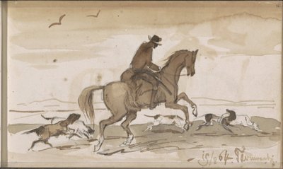 Bir binici ve koşan köpeklerle manzara by Johannes Tavenraat