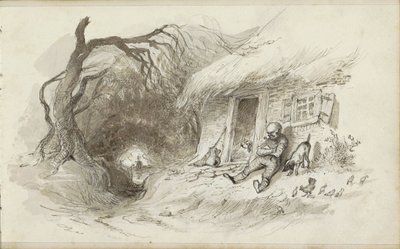 Bir hendek tarafından bir sazdan evin önünde oturan adam by Johannes Tavenraat