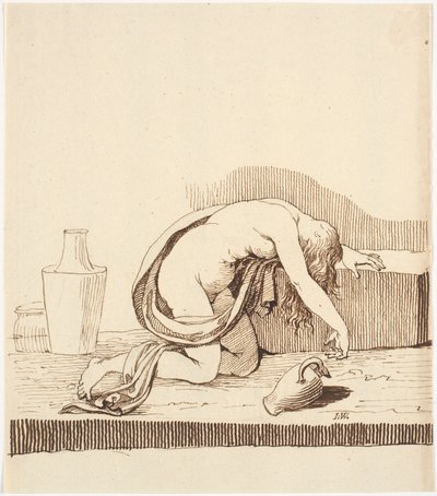 Boş şarap sürahisi ile çıplak öne eğilmiş kadın (sarhoş) by Johannes Wiedewelt