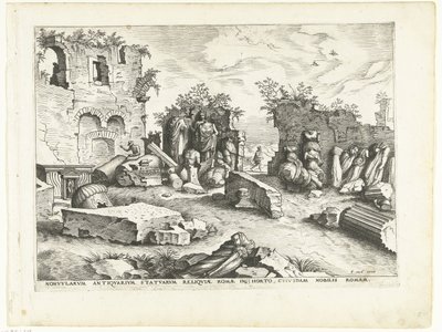 Antik heykel parçalarıyla dolu bahçe Roma kalıntıları, 1561 (dizi başlığı) by Johannes of Lucas van Doetechum (attributed to)