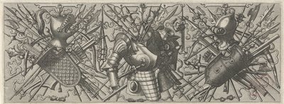 Solda miğfer, kalkan ve çapraz çubuk silahlar ve tatar yayları olan friz Panoplia sev armamentarium… (dizi adı) by Johannes of Lucas van Doetechum