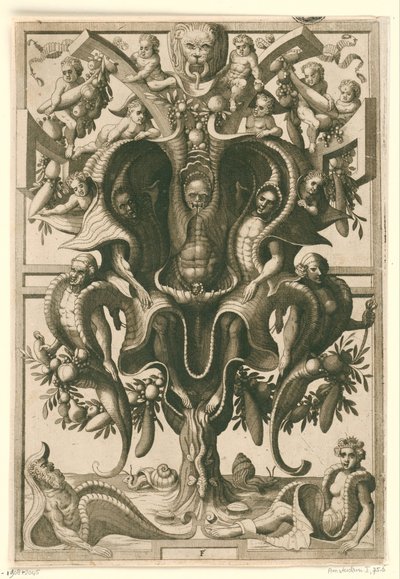 Figürlerin hapsedildiği kabuk benzeri süs. Veelderleij Wisselinghe van grotissen ende Compertimenten (...)Libro Primo (seri başlığı) by Johannes of Lucas van Doetechum