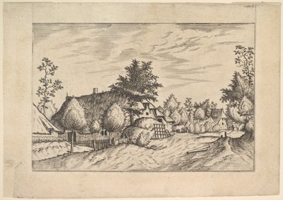 Village Street, Estates çiftliğinden ve kırsaldan bir çiftliğin önüne yığılmış saman..., ca. 1559-61. by Johannes van Doetecum I