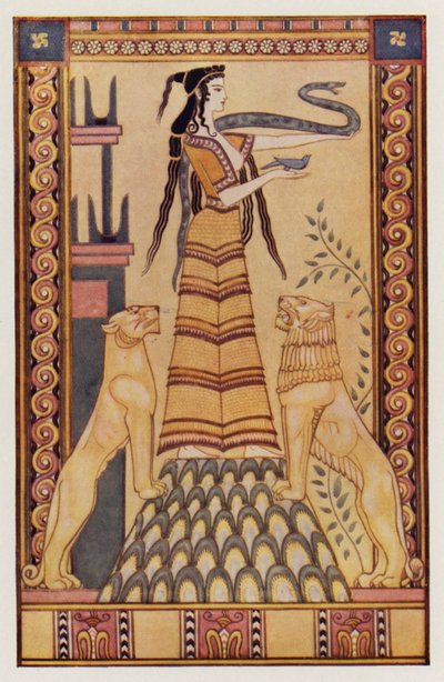Girit#39;in Yılan Tanrıçası (renkli litho) by John (after) Duncan
