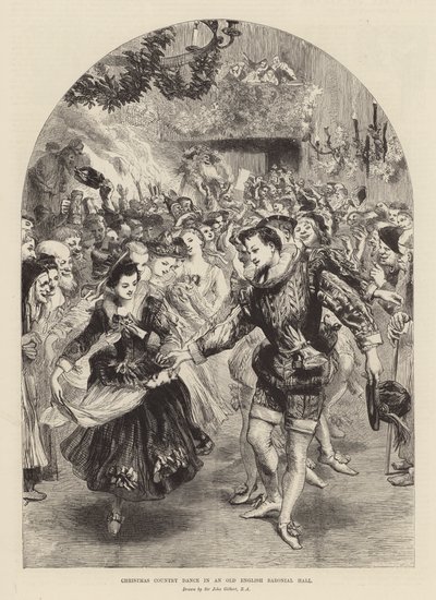 Eski bir İngiliz baronial salonunda Noel ülke dansı (gravür) by John (after) Gilbert