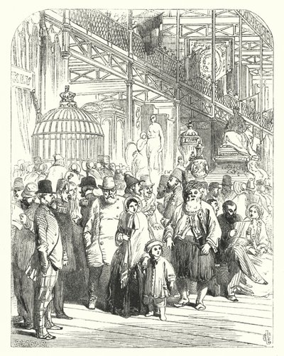 Crystal Palace, Hyde Park, Londra, 1851 Büyük Sergisinin yapıldığı yerdeki katılımcılar ve ziyaretçiler (gravür) by John (after) Gilbert
