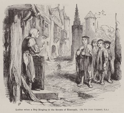 Martin Luther, Eisenach sokaklarında şarkı söyleyen bir çocuk (gravür) by John (after) Gilbert