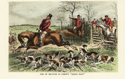 Tilki avı sırasında bir at kapıdan fırlıyor by John (after) Leech