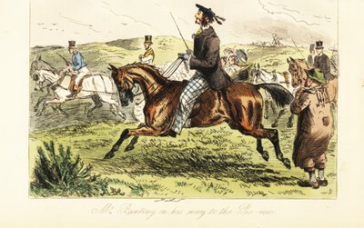 Tam o'shanter şapkalı bıyıklı İngiliz bey, kırsalda pikniğe giderken ata biniyor. by John (after) Leech