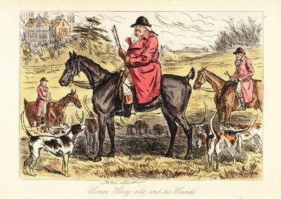 Bir sürü tilki tazı ile bir atın üzerinde oturan pembeler içinde İngiliz avcı by John (after) Leech
