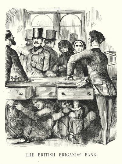 Punch karikatür: The British Brigands' Bank - bankacılıkta yolsuzluk ve Royal British Bank'ın çöküşü (gravür) by John (after) Leech