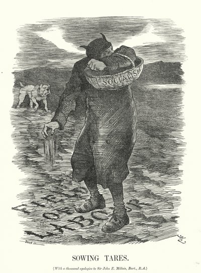 Yumruk karikatürü: Tares Sowing - İngiliz işçiler arasında Sosyalizmin yayılma korkusu (gravür) by John (after) Tenniel