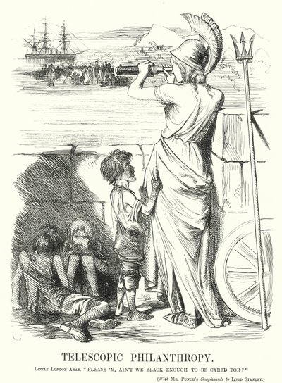 Punch karikatür: Teleskopik Hayırseverlik - Viktorya dönemi orta sınıflarının evde bronzlaşmak yerine yurtdışındaki yoksullara yardımla meşgul olması (gravür) by John (after) Tenniel
