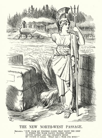 Yumruk karikatür: Yeni Kuzey-Batı Geçidi - Kanada Pasifik Demiryolu (gravür) by John (after) Tenniel